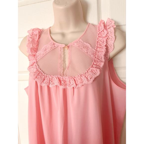 Vintage Shadowline Nylon Nightgown M Medium Pink Short Sleeve Silky Lace Sweep - Picture 3 of 12